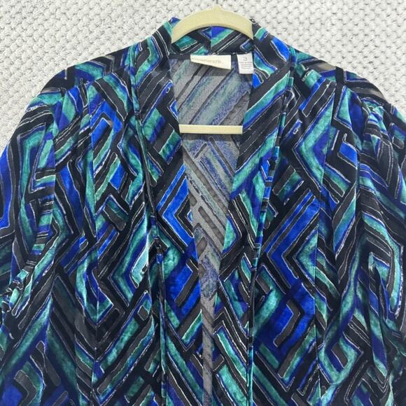 Chicos Cardigan Women 3 XL/16 Blue Abstract Velvet Burn-Out Sheer Open Front - Picture 3 of 13